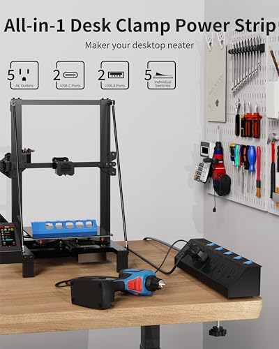 Maximize Your Workspace Efficiency with the 10 FT Desk Clamp Power Strip – 5-Outlet Surge Protector Featuring Individual Switches and Dual USB-C Ports (20 W PD) for Rapid Charging, Ideal for Home Office and Professional Use – Versatile Wall Mount and 1.7″ Tabletop Compatibility in Sleek Black Design