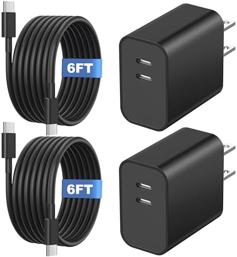 Dual Port 20 W USB-C Fast Wall Charger Set with Two 6 FT Cables – High-Efficiency Power Adapter for i Phone 16/15 & Galaxy S24/S23/S22, Compact Travel Design, Enhanced Overcharge Protection and Universal Compatibility for Optimal Charging Performance