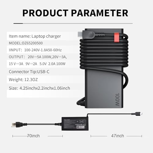 Ultimate 100 W USB-C Charger for Lenovo Yoga & Think Pad Series – Fast Charging, Wide Compatibility, and Enhanced Durability – Perfect for Yoga Slim 9, Y9000, Think Book 16, and More – Power Your Devices Efficiently with 30-Day Satisfaction Guarantee