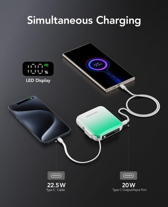 Ultra-Compact 10,000 m Ah Mini Power Bank – Fast Charging 20 W Dual Device Charger with Built-In Cables for i Phone, Samsung, Google & More – Perfect Travel Companion for On-the-Go Power Needs