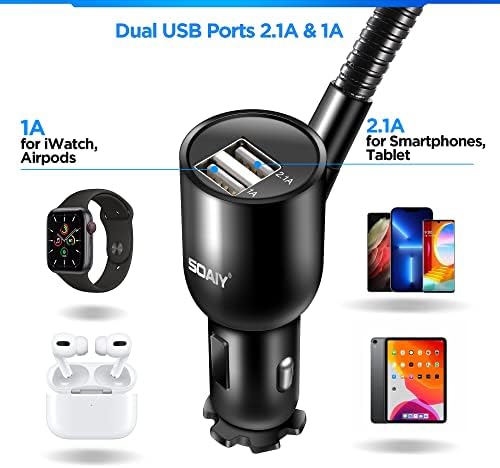 SOAIY 3-in-1 Cigarette Lighter Car Mount with Voltage Detector – Dual USB 3.1 A Charger, Flexible Gooseneck, and 360° Rotating Cradle for Enhanced Smartphone Compatibility (Fits 1.7-3.7 Inch Devices) – Ultimate Driving Convenience and Safety Solution