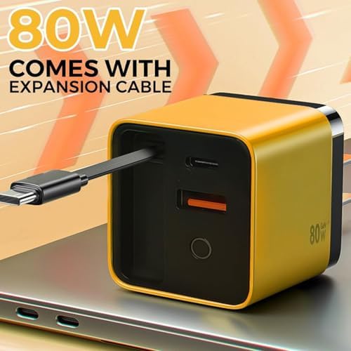 High-Power 80 W 3-in-1 Ga N Charger with Retractable Plug – Fast Charge Solution Featuring Type-C Cable & Dual USB Ports for i Phone and More, Stylish Travel-Ready Yellow Design for Ultimate Device Compatibility and Efficiency