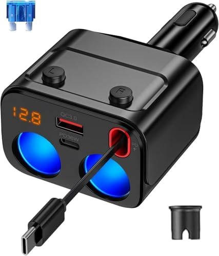 180 W Retractable Car Charger Splitter: 5-in-1 USB Fast Charging Hub with Dual USB Ports, Dual Cigarette Lighter Sockets, Individual Power Switches, and LED Voltmeter for Optimal Charging Efficiency and Vehicle Utility