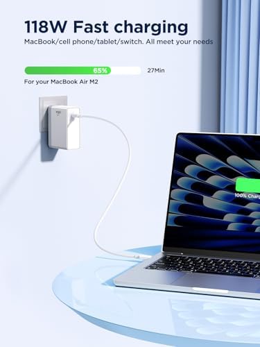 High-Efficiency 118 W USB-C Charger for Mac Book Pro & Air – Ultra-Fast Power Adapter with 6.6 ft Cable for Rapid Charging – Dynamic Battery Health Protection & Universal Compatibility for i Pad Pro, Galaxy Devices, Dell, Lenovo, and More