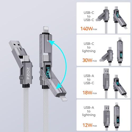 pzoz 4-in-1 USB C Fast Charging Cable with LED Status Display – Versatile Multi-Device Charger for i Phone 16/15/14 Pro Max, i Pad, Mac Book, Air Pods Pro, Samsung, and Google (60 W, 5 ft) – Streamlined Efficiency, Enhanced Durability, and Universal Compatibility for All Your Charging Needs