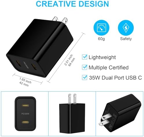 Revolutionize Your Charging Experience with the 35 W Dual Port USB-C Power Adapter – Ultra-Fast Charging for Samsung Galaxy S Series and Google Pixel Devices – Comes with 6 FT Durable USB-C Cable for Enhanced Connectivity – Perfect for Active Lifestyles with Compact Portability – Charge Two Devices at Once with 35 W Total Output for Quick Power Restorations – Essential Accessory for Tech Savvy Users Demanding Efficiency and Reliability – Crafted from Premium Materials for Long-Lasting Durability – Upgrade Your Power Solutions with This Versatile Fast Charger Designed for Maximum Compatibility and Rapid Performance.