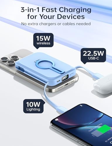 Magnetic 10,000 m Ah Portable Power Bank – Ultimate Wireless Charger with Built-In Cables for Fast 22.5 W Charging – Travel-Friendly, Compatible with i Phone 16/15/14/13/12, Samsung S22/S21, Google Devices, and i Pad – Effortless Charging on the Go