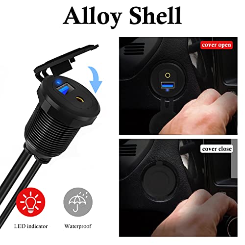 BATIGE Type C USB 3.0 Flush Mount Extension Cable – 3 ft Alloy Shell Car, Truck & Motorcycle Dashboard USB Port with LED Indicator for Enhanced Durability and Seamless Connectivity