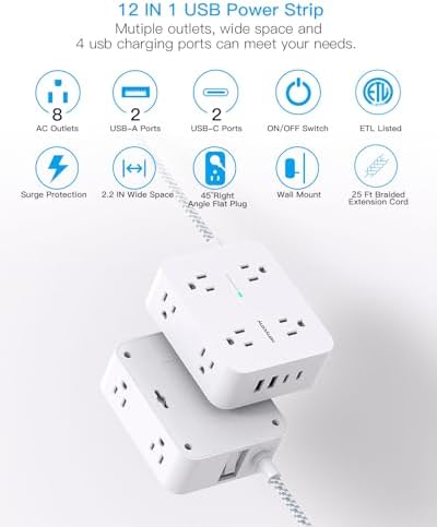 HANYCONY 6 ft Surge Protector Power Strip with 8 Outlets & 2 USB-C Ports – Essential College Dorm Extension Cord with Space-Saving Flat Plug for Fast Charging and Device Safety – Perfect for Home Office and Tech Needs