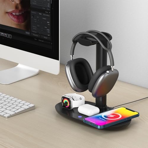 Revolutionary 4-in-1 Wireless Charging Station with Headphone Holder – Fast 15 W Charger for i Phone 16/15/14/13/12, Apple Watch, Air Pods Max/Pro/Pro 2, and LG/Samsung Devices – Organized Convenience for Home and Office.
