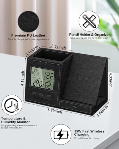 Multi-Functional Desk Organizer with Wireless Charging, Digital Thermometer & Humidity Monitor – Stylish Brown Pen Holder for Home Office Efficiency and Clutter-Free Workspace