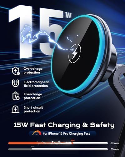 Magnetic Cup Phone Holder Car Wireless Charger for MagSafe, 15W Fast Charging Car Mount Stand for iPhone 16 Pro Max/15/14/13/12, Cupholder Expander, LED Light Ring, Strong N52 Magnets – Enhanced Compatibility and Speed