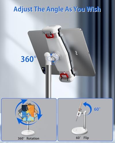 Versatile Adjustable Tablet Floor Stand Holder: 360° Rotatable Design for All Devices (4″-12.9″) – Height Adjustable (12-34.6 inches) with Sturdy Base – Ideal for i Pad, i Phone, Kindle, Switch – Sleek White Finish for Modern Home or Office Use – Enhance Your Productivity and Entertainment Experience
