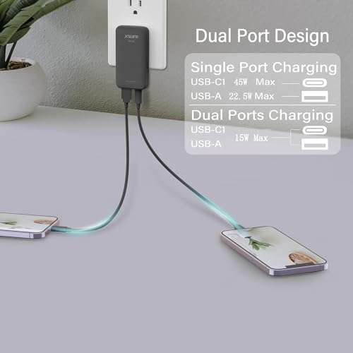 Compact Dual-Port 45 W USB C Power Adapter | Ultra-Slim Ga N Technology Fast Charger with 3.28 ft Cable for Laptops, Tablets, and Smartphones | PD 3.0 Compatible, Travel-Friendly, and Efficient Charging Solution for On-the-Go Users