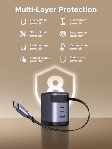 UGREEN 100 W USB-C Retractable Charger Block with Built-in Cable – Fast Charging Wall Adapter for Multi-Device Compatibility, Ideal for Mac Book Pro/Air, i Phone 16, Galaxy S25, Pixel, and More – Compact Ga N Technology for On-the-Go Convenience