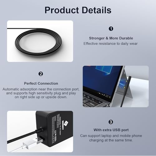 High-Performance 65 W Surface Pro Charger – Universal Compatibility for Surface Devices, Fast Charging with 6 FT Cable & USB Port, Safe & Efficient Power Supply for Surface Pro 9/8/7/6/5/4/3, Surface Laptop 5/4/3/2/1, Surface Book, & Surface Go Models