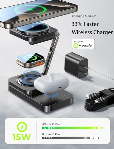 Lisen 3-in-1 Bedside Charging Station: Magnetic Wireless Charger for i Phone 16 & 15 Pro Max, 15 W Travel Adapter for Apple Watch & Air Pods – Sleek, Compact Design for Enhanced Convenience and Compatibility