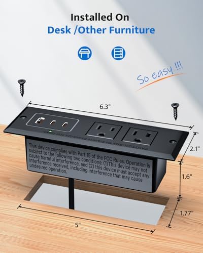 Sleek Recessed Power Strip with 20 W USB-C Fast Charger & USB-A Port – Space-Saving Desk Outlet for Effortless Device Charging, 6 ft Cord & 45° Slim Plug for Easy Access in Furniture – Ideal for Home Office and Conference Rooms