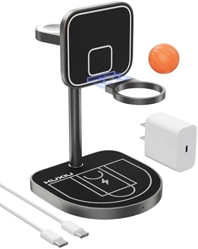Innovative 3-Point Power 3-in-1 Charging Station for Apple Devices – Sleek Aluminum Alloy Magnetic Wireless Charger Stand with Mini Basketball & Hoop, Perfect for i Phone 16/15/14/13/12, 5 W Apple Watch & Air Pods Charging, Compact Black Design for Enhanced Speed and Style