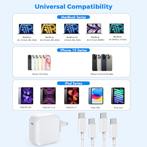 30 W Ultra-Fast USB-C Charger for Mac Book & i Phone – Dual Pack with 10 ft Cable for Efficient Charging of M1, M2, M3 Models – Premium Safety Features & Universal Compatibility for All USB-C Devices – Compact, Portable Design for Home, Office, Travel