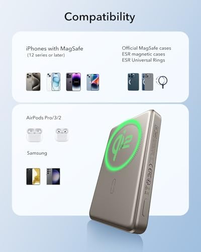 Ultra-Compact ESR Mag Safe Power Bank – 5,000 m Ah Fast Charging Battery Pack with Qi2 Certification – Slim 0.55 in Design for i Phone 16/15/14/13/12 – 15 W Wireless & 20 W USB-C Charger with Cable – Essential Travel Accessory for On-the-Go Power