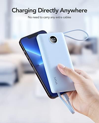 VRURC 10000 m Ah Portable Power Bank with Integrated Cables and LED Battery Indicator – Slim, Lightweight Travel Charger with Dual Input and Five Outputs for Effortless Device Charging – Ideal for Smartphones and Tech Gadgets – Stylish Blue Design (1 Pack) – Ultimate Convenience and Compatibility
