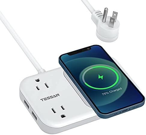 TESSAN Ultra-Compact Wireless Charging Hub with Dual USB Ports and AC Outlets – 4 ft Extension Cord for Seamless Device Charging in Dorm Rooms and Travel – Elegant Mini Flat Plug Design for i Phone and Samsung Compatibility – Essential Power Station for Modern Lifestyle