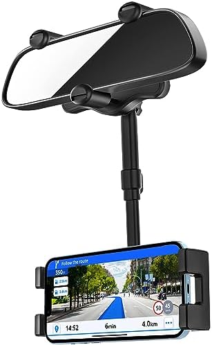Universal 360° Rotatable Car Rearview Mirror Phone Holder – Adjustable Mount for i Phone 16 Pro Max, 15, 14, 13, 12, 11 & All Smartphones – Enhance Safety & Convenience with Retractable Arm and Secure Clip for Optimal Navigation Access