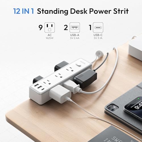 NTONPOWER 12-in-1 Desk Power Strip with 10 ft Extension Cord – 9 AC Outlets & 3 USB Fast Charging Ports, 1200 J Surge Protection, Wall or Desk Edge Mountable for Optimal Workspace Efficiency, Compatible with 2.68″ Tabletops – Enhance Your Productivity & Device Safety