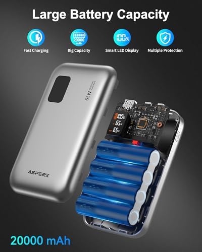 Asper X 20,000 m Ah Power Bank – 65 W USB-C Portable Charger for Fast Device Charging, Compatible with i Phone 16/15/14/13, Mac Book Pro/Air, Dell XPS, Galaxy S24, Steam Deck & More – Ultimate Travel Power Solution for Modern Electronics