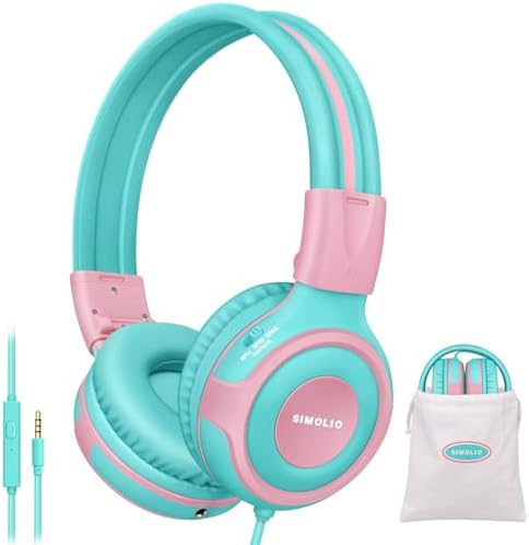 Chic Pink SIMOLIO Kids Headphones with Microphone – Volume-Limited Wired Design for Safe Listening – Adjustable Sound Levels (75/85/94 d B) for Hearing Protection – Perfect for School, Travel, and Home Use – Durable and Comfortable Fit for Active Young Listeners – Compatible with Smartphones & Tablets for Versatile Use