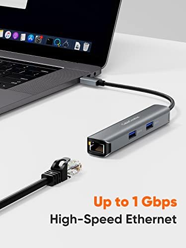 Sleek 5-in-1 USB C Hub Multiport Adapter – Aluminum 4 K HDMI, 1 Gbps Ethernet & 3 USB 3.0 Ports for Enhanced Connectivity on Mac Book Pro/Air, i Pad Pro & Surface Go – Ultimate Solution for Fast Data Transfer & Seamless Streaming