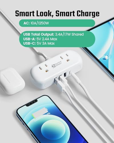 Compact USB Charging Station Power Strip – SUPERDANNY Mini Surge Protector with 2 Extra Wide Outlets, 4 USB Ports (3 USB-A & 1 USB-C), 5 Ft Cord, Flat Plug Design for Space-Saving Convenience, Ideal for Home, Office, and Travel Use – Enhanced Power Efficiency and Safety Features
