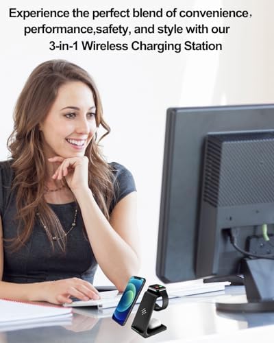 Versatile 3-in-1 Qi Wireless Charging Station for Apple Devices – Stylish Fast Charging Dock for i Phone 16/15/14/13/12/11/X/8, Apple Watch Ultra/9/8/7/6/SE/5/4/3/2, and Air Pods Pro – Sleek Compact Design with Anti-Slip Technology and LED Status Indicator – Ideal Tech Gift for Gadget Enthusiasts