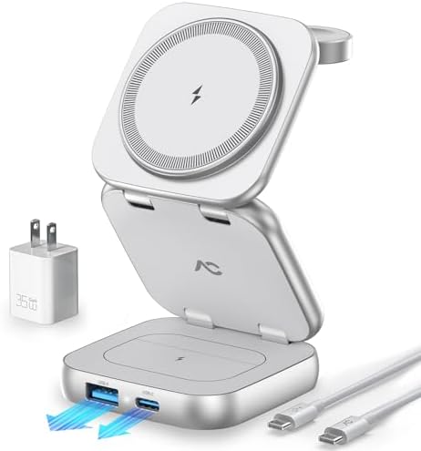 Revolutionize Your Charging Experience with AC Island 5-in-1 Portable Travel Wireless Charger – Fast 15 W Magnetic Stand for i Phone 16/15/14/13, Apple Watch & Air Pods, Includes 35 W Adapter, Ideal for On-the-Go Lifestyle and Enhanced Compatibility