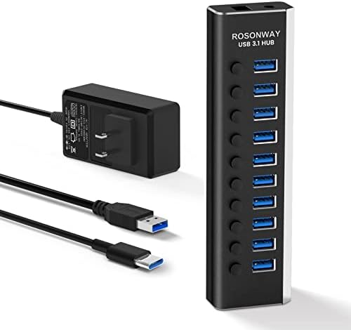 Maximize Your Connectivity with the Rosonway 10-Port Powered USB Hub – Fast 10 Gbps Data Transfer, 36 W Power Adapter, Type A & C Compatibility, Sleek Aluminum Design for PC & Laptop Efficiency