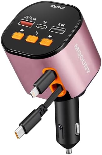 Ultimate 5-in-1 Fast Car Charger with Bluetooth 5.3 FM Transmitter – 90 W Retractable Charging Hub for i Phone 15/14/13 – Hands-Free Calling and Dual USB Ports for Seamless Connectivity and Quick Charging – Compact Black Design for Enhanced In-Car Experience