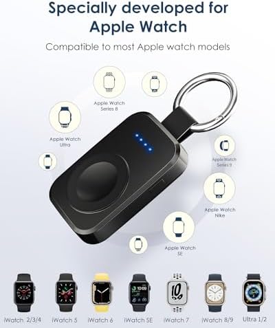 Compact Wireless Magnetic Power Bank for Apple Watch – 1000 m Ah Travel Charger with Keychain Attachment, Fast Charging for Series 10/9/8/7/6/SE/5/4/3/2/Ultra 2 – Perfect Accessory for Active Lifestyles and Professionals – Sleek Black Design for Effortless Portability