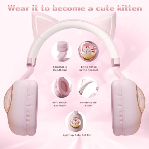 Enchanting Pink Cat Ear Bluetooth Headphones for Kids – Fun Noise-Cancelling Over-Ear Design with LED Lights, Ultimate Comfort for School, Travel, and Everyday Adventures – Elevate Young Music Experiences with Superior Sound Quality and Playful Style