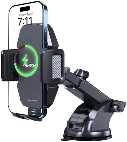 Car Phone Holder &15W Wireless Fast Charger, Auto-Clamp Qi Charging Mount, 360° Adjustable Phone Holder for iPhone/Android, Air Vent Mount with Overcharge Protection – by Esoulk – Enhanced Compatibility and Speed