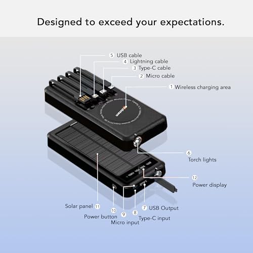 Ultimate Portable Solar Power Bank with Integrated Charging Cables – 10,000 m Ah Waterproof Battery Pack for Phones Featuring USB, Micro USB, Lightning, Type-C, and Wireless Charging – Perfect for Outdoor Adventures and Daily Use (Black Blue)