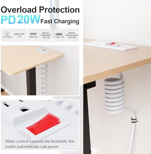 Recessed Drawer Power Strip Kit: Clutter-Free Charging Solution with PD 20 W Fast Charge, Dual USB Ports (Type A & C), and Dual 12 Amp AC Outlets – 7.2 FT Cord for Flexible Setup and Enhanced Workspace Efficiency