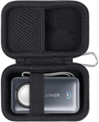 Khanka Compact Hard Shell Travel Case for Anker Mag Go 10000 m Ah Power Bank – Lightweight & Shockproof Protection for Apple Watch Charging – Ideal for Outdoor Adventures with Carabiner Clip – Dust & Water Resistant Storage Solution – Secure Design with Internal Buckle & Mesh Pocket for Accessories – Case Only, No Battery Included