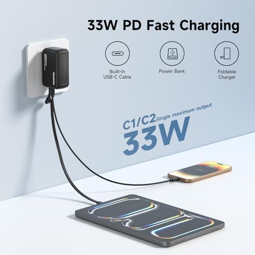 33 W Ga N PD Fast Charger & 5000 m Ah Space-Saving Power Bank – Dual-Port Charging Hub for i Phone 16/15/14 Pro Max, Mac Book Pro, i Pad & Samsung Galaxy – Smart Power Distribution & Robust Safety Features for Efficient Multi-Device Charging