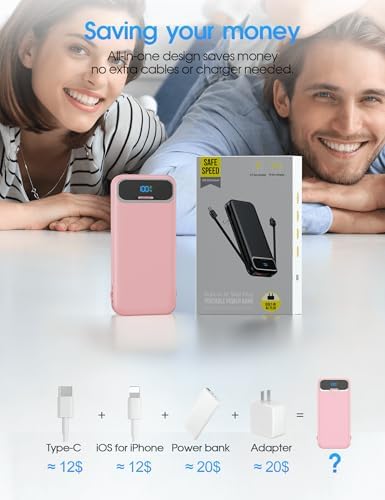 Ultra-Compact 12000 m Ah Power Bank with Built-in Charging Cables & AC Plug – 20 W PD Fast Charging for i Phone, Samsung, Android, USB-C Devices – Travel-Friendly External Battery Pack in Purple – Unmatched Portability and Efficiency for On-the-Go Charging Solutions