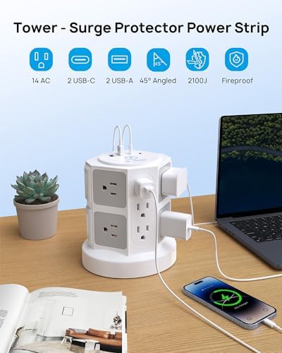 TROND Tower Surge Protector Power Strip – 14 Spacious Outlets & 4 Fast USB Ports (2 USB-C) – 2100 Joules Surge Defense – 6 Feet Versatile Extension Cord for Home Office & Dorm Setup – Streamlined Design for Optimal Charging Efficiency and Device Safety