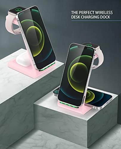 Sleek Pink 3-in-1 Wireless Charging Station: Fast Desk Charger for i Phone 16/15/14/13/12 Pro Max, Apple Watch Series 10-3, and Air Pods 4/3/2 Pro – Enhanced Compatibility & Space-Saving Design for Effortless Charging Efficiency