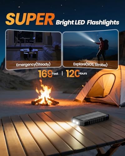 FEELLE 27000 m Ah Solar Power Bank: Ultimate Fast Charging Outdoor Charger with Dual Built-in Cables & LED Flashlights for Camping & Hiking – All-Device Compatibility & Solar-Powered Convenience