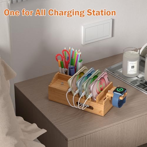 Sleek Bamboo Multi-Device Charging Station with 5 USB Ports, Integrated Smart Watch Stand & 5 Charging Cables – Ultimate Desktop Organizer for Cell Phones, Tablets & Smartwatches – Eco-Friendly Design for Fast Charging & Clutter-Free Spaces