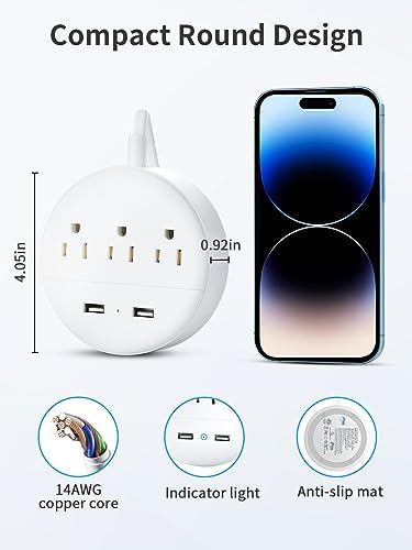NTONPOWER 2 Prong Power Strip with 9.8 ft Extension Cord – Essential Wall-Mountable Solution for Non-Grounded Outlets with 3 AC Ports & 2 USB Charging Ports – Perfect for Modern Homes and Vintage Spaces
